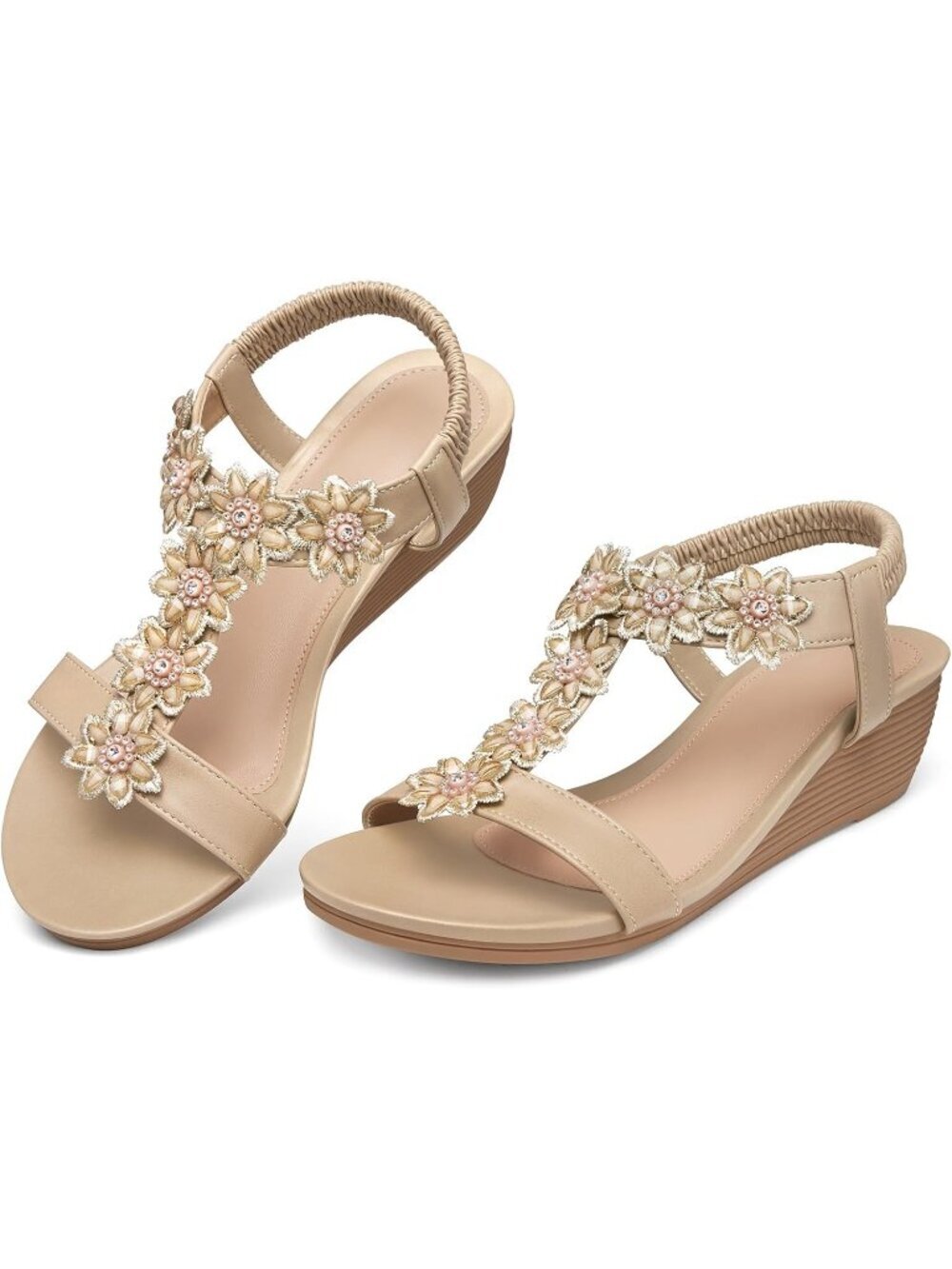 Women's Beige Wedge Sandals Summer Platform Comfortable Low Wedges Shoes